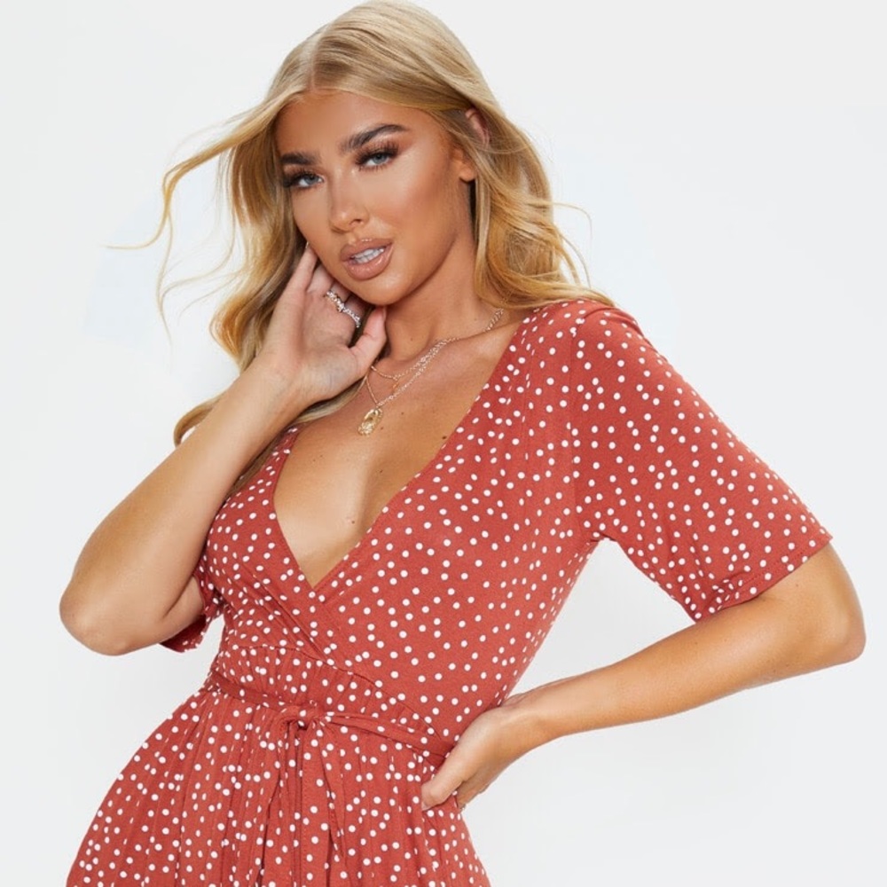 Terracotta Polka Dot Wrap Tea Dress